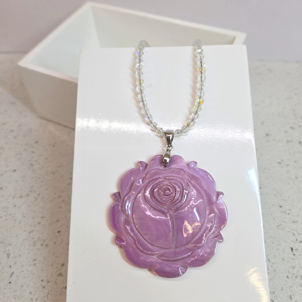 Rose Pendant Necklace on Crystal and Sterling chain EUC